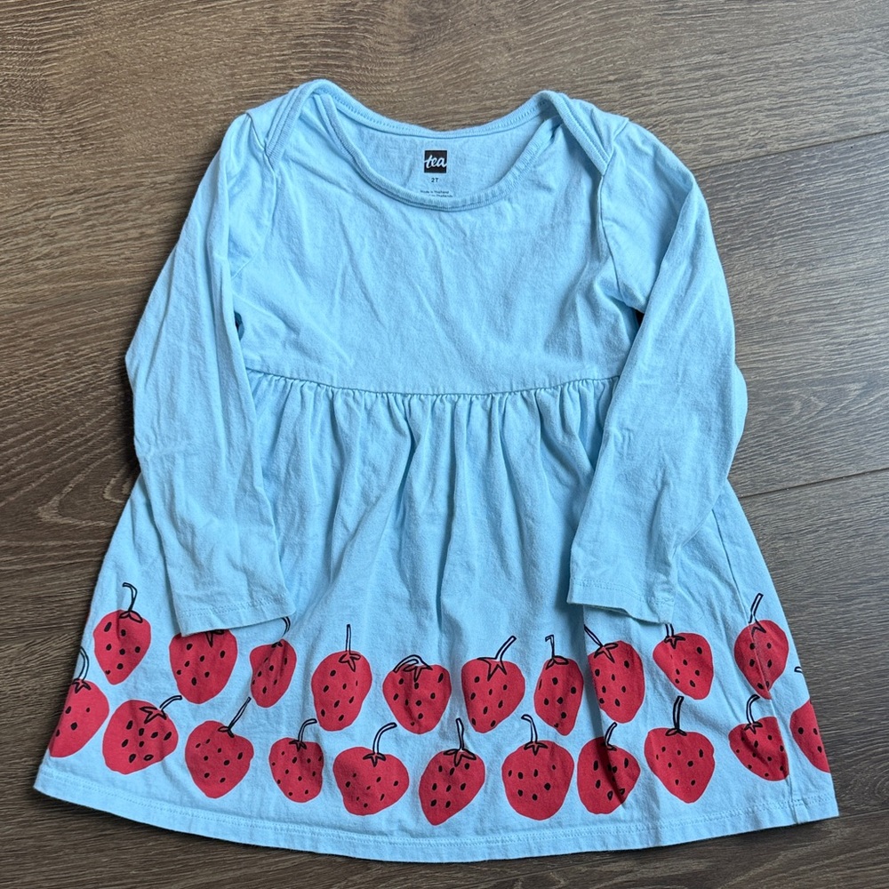 Tea Collection .Light Blue Long Sleeve Dress with Red Strawberries - 2T